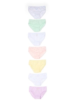 Sieben Paare Kinder-Baumwollunterwäsche in Pastellfarben, vertikal angeordnet mit verschiedenen kleinen Mustern und bestickten Details.