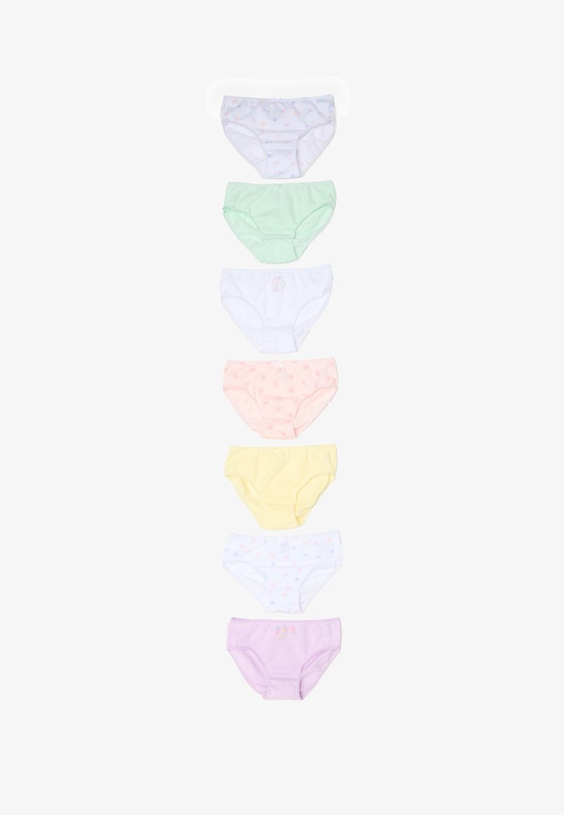 Seven pairs of children’s cotton underwear in pastel colors, arranged vertically with various small patterns and embroidered details.