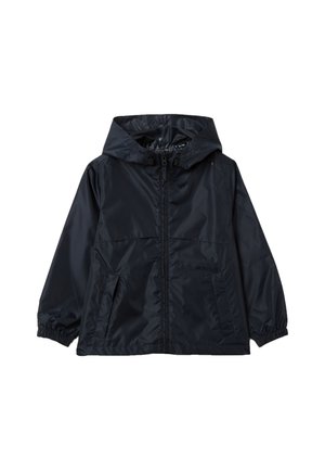 Veste coupe-vent marine avec zip sur le devant, capuche et deux poches avant ; fabriquée en matériau léger et brillant ; poignets et ourlet élastiques.