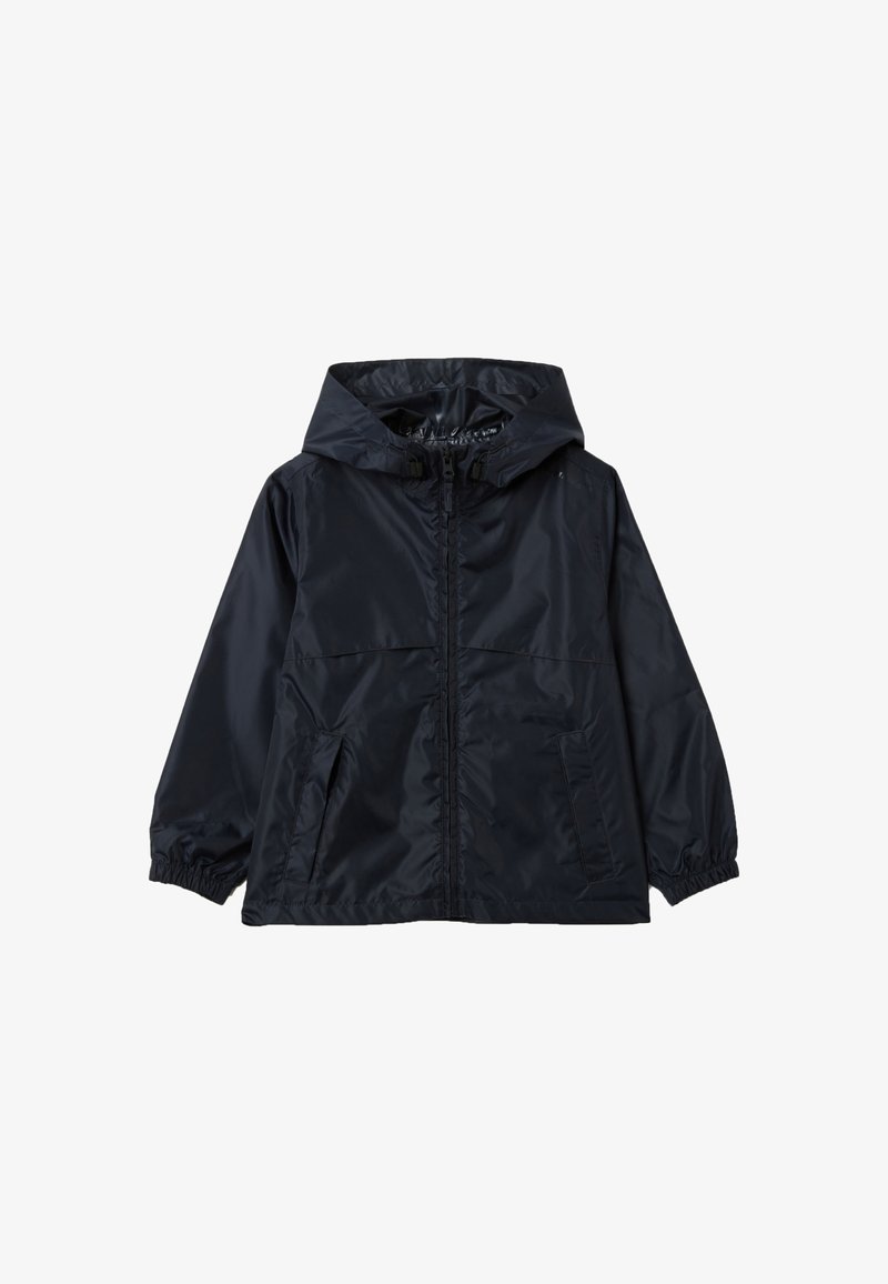 Marinefarbener Windbreaker mit weiter Frontreißverschluss, Kapuze und zwei vorderen Taschen; aus leichtem, glänzendem Material; mit elastischen Bündchen und Saum.