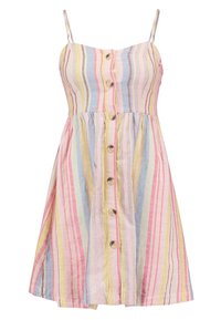 Abito estivo a righe con spalline, caratterizzato da colori pastello verticali (rosa, giallo, blu) e chiusura frontale con bottoni.