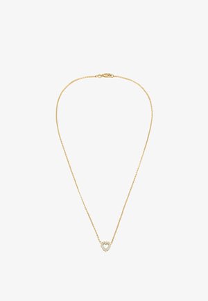Guld kæde med en hjerteformet vedhæng pyntet med små, klare sten for ekstra detaljer og glans.