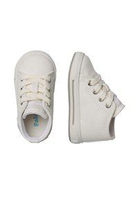 Sneakers bianchi in tela caratterizzati da un design a basso profilo, punta rotonda, lacci bianchi piatti e suole in gomma grigia. Stile minimalista senza fantasie.