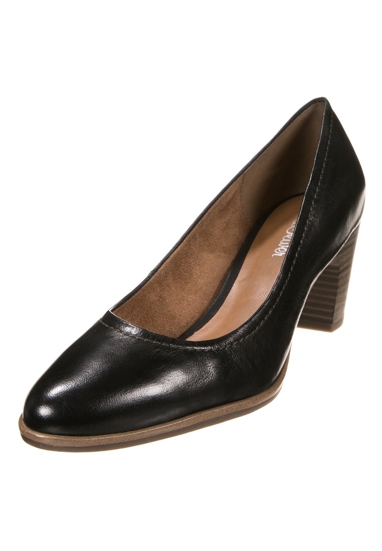 Black leather high-heeled pump with a rounded toe, textured brown insole, and a stacked wooden heel. Smooth exterior with minimal accents.