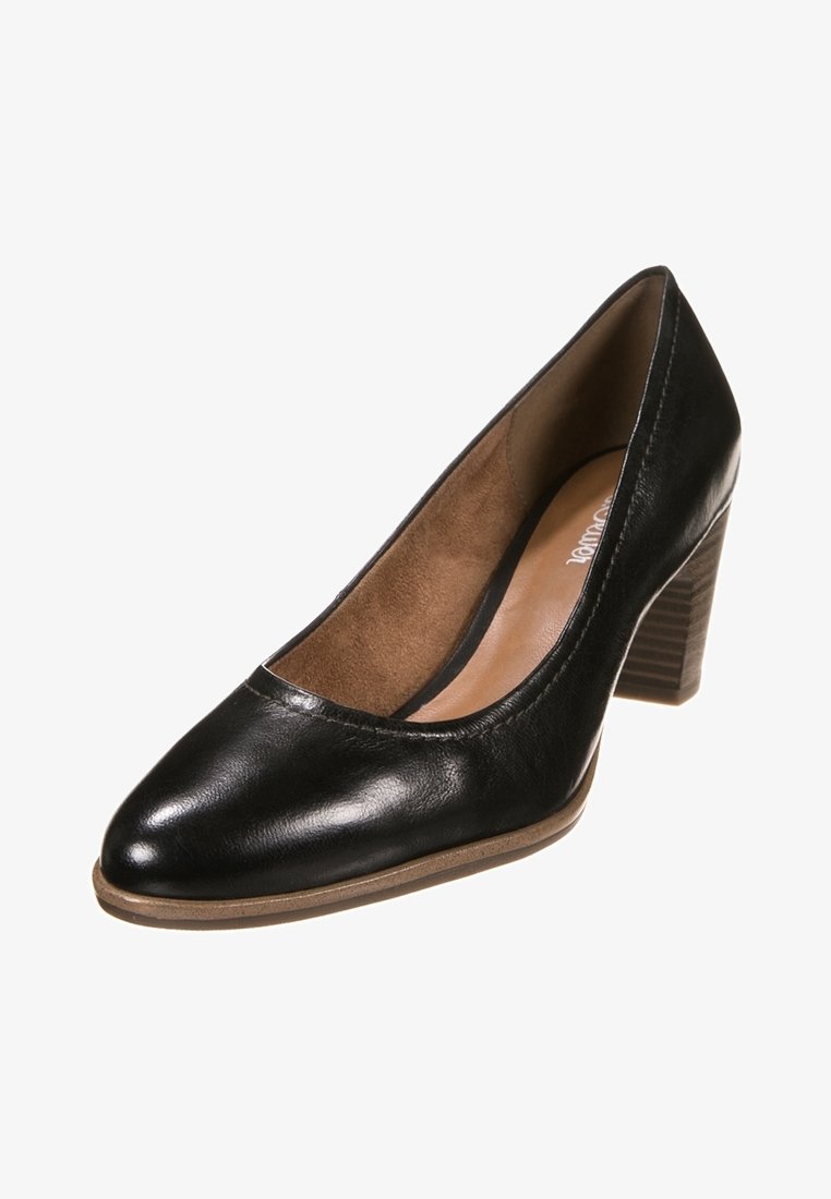 Black leather high-heeled pump with a rounded toe, textured brown insole, and a stacked wooden heel. Smooth exterior with minimal accents.