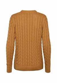 Pull marron tricoté avec motif torsadé, manches longues et poignets ainsi que bas côtelés, vu de dos sur fond blanc.