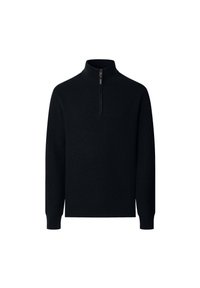 Svart långärmad stickad tröja med hög krage och halvdragkedja fram, ribbade ärmslut och nederkant.