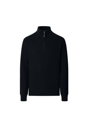 Čierny pletený sveter s dlhým rukávom, vysokým golierom a polozipsovým predným zapínaním, s rebrovanými manžetami a lemom.