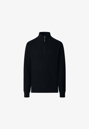 Maglione nero a maniche lunghe in maglia con colletto alto e zip frontale a metà, polsini e orlo a costine.