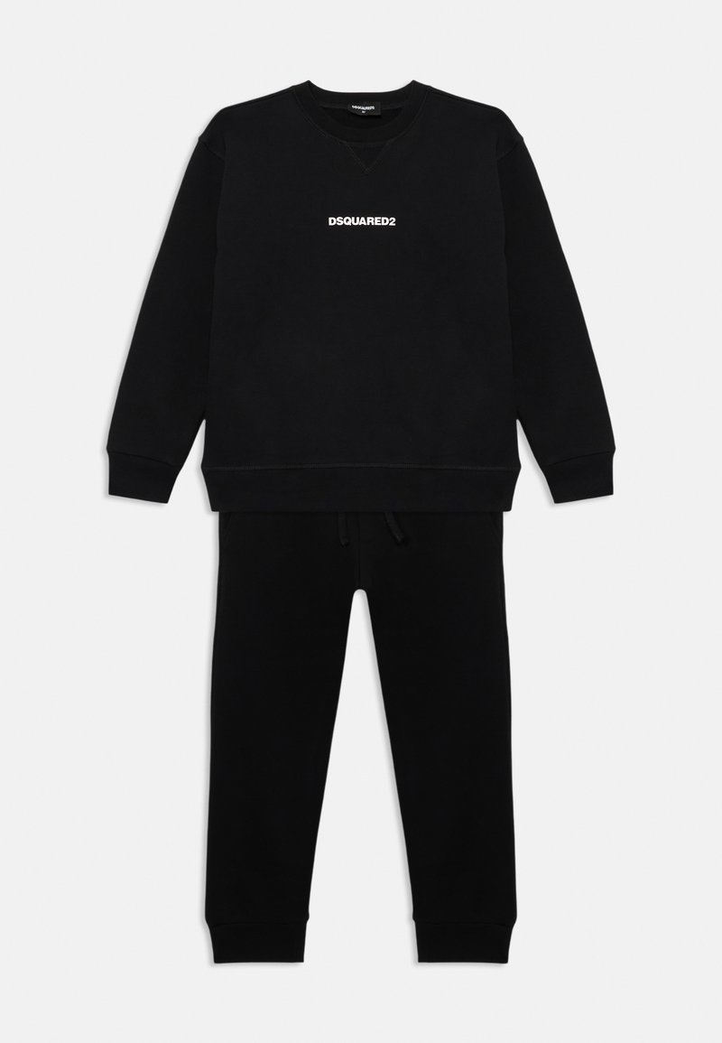 Schwarzer Trainingsanzug aus weichem Material; Sweatshirt mit V-Ausschnitt und weißem "DSQUARED2"-Logo; Hose mit elastischem Bund und Bündchen.