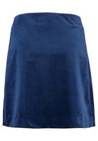 Mini-jupe en velours bleu marine avec une texture lisse, un design droit et des fentes sur les côtés. Convient pour une tenue décontractée ou semi-formelle.