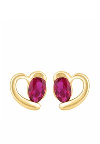 Pendientes de tono dorado con diseño en forma de corazón y grandes piedras preciosas ovaladas de color rosa. Textura suave con acabado pulido.