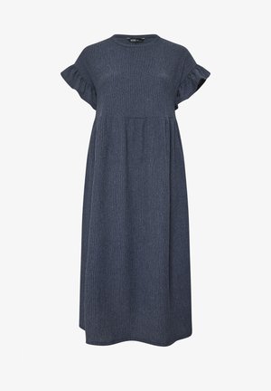 Donkerblauwe, knielange jurk van ribbelstof, met korte, gerimpelde mouwen en een relaxte pasvorm met een gatherings in de taille.