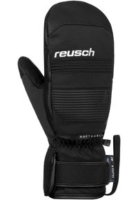 Schwarze Softshell-Handschuhe mit Lederakzenten, elastischen Bündchen und verstellbarem Riemen. Mit Branding auf der Vorderseite und strukturierten Details.