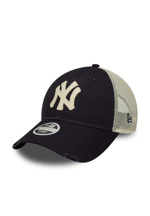 Black and beige mesh baseball cap with large white "NY" logo on front and adjustable snapback closure.