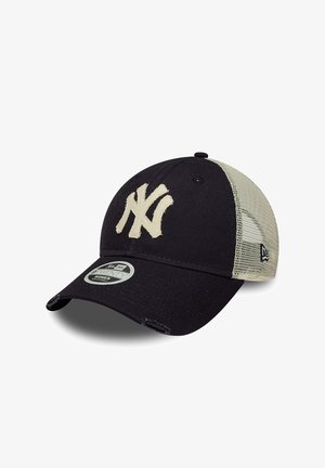 Black and beige mesh baseball cap with large white "NY" logo on front and adjustable snapback closure.