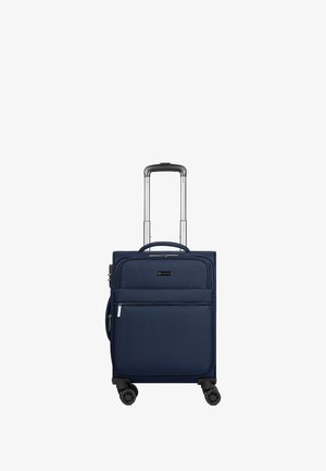 Valigia a rotelle blu navy con esterno texturizzato, manico estraibile, due ruote e una tasca frontale con zip per ulteriore spazio di archiviazione.