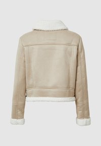 Giacca beige a girocollo con dettagli in shearling su colletto e polsini. Tessuto liscio con dettagli di cuciture inserite.