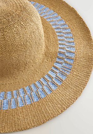 Wide straw hat with a rounded crown, featuring a light blue woven band and horizontal straw accents around the brim.