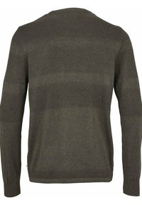 Maglione verde a maglia con un motivo texturizzato e righe orizzontali. Caratterizzato da maniche lunghe, collo rotondo e polsini e orlo a coste.