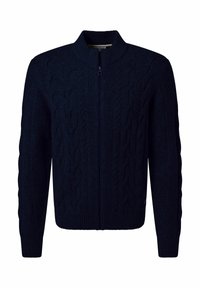 Dunkelblauer Strickcardigan mit Zopf-Muster, durchgehendem Reißverschluss, hohem Kragen und gerippten Bündchen und Saum. Weiche Textur, lässiges Design.