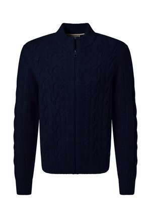Strick-Cardigan mit Reißverschluss in Dunkelblau, mit strukturierten Zopfmustern sowie gerippten Bündchen und Saum. Klassischer Kragen und Frontreißverschluss.