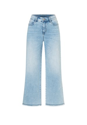 Lyseblå vide denimjeans med høyt liv, knapp foran, glidelåslukking og fem lomme-stil.