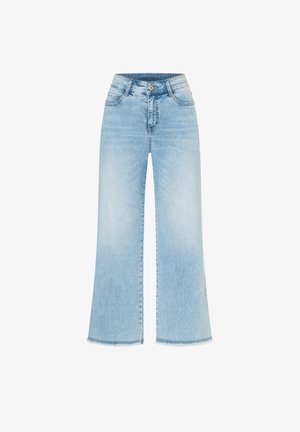 Lyseblå vide denimjeans med høyt liv, knapp foran, glidelåslukking og fem lomme-stil.