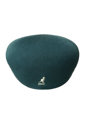 Berretto stile basco Kangol lavorato a maglia verde scuro con un piccolo logo bianco del canguro al centro sul retro.