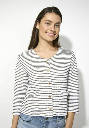 White and navy striped button-up cardigan with three-quarter sleeves and two front pockets. Features round neckline and golden buttons.