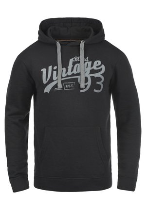 Fekete kapucnis pulóver pamut keverékből, elülső zsebbel, szürke húzózsinórral és világosszürke, vintage stílusú logónyomattal.