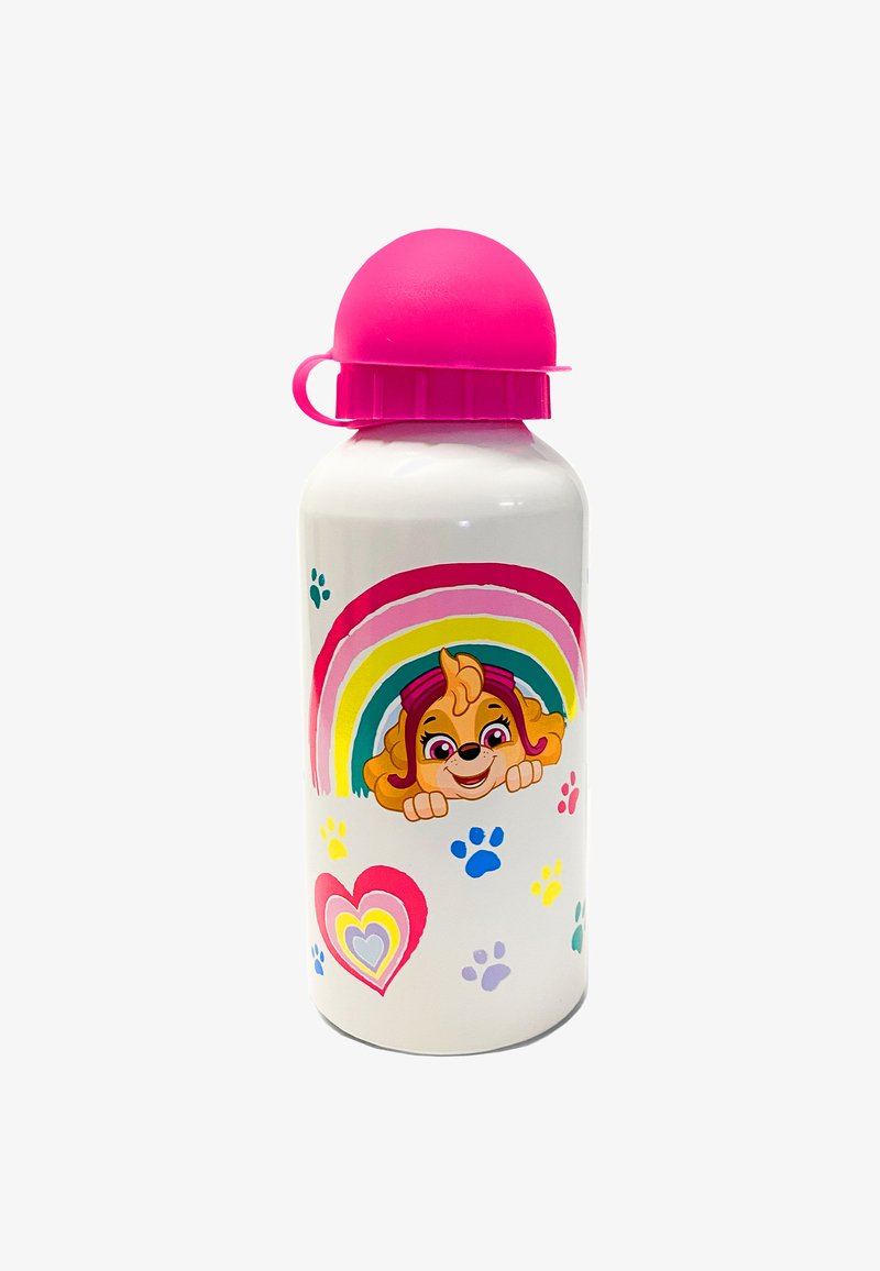 Botella de agua de acero inoxidable blanca con una tapa de silicona rosa, que presenta un arcoíris y un perro de dibujos animados con huellas de colores y corazones.