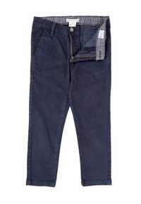 Pantalons en mélange de coton bleu marine avec zip à l'avant et poches devant ; dotés d'une taille texturée et d'une petite poche interne.
