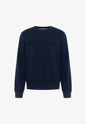 Tengerészkék pulóver puha anyagból, kerek nyakkivágással, bordázott mandzsettákkal és szegéllyel, valamint dombornyomott "ELBSAND" logóval az elején.
