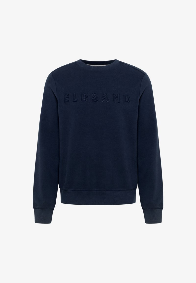 Sudadera azul marino hecha de tela suave, con cuello redondo, puños y dobladillo acanalados, y el logo en relieve "ELBSAND" en la parte frontal.