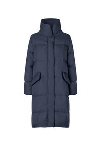 Giacca imbottita di colore blu navy con colletto alto, maniche lunghe e tasche laterali. Realizzata in materiale trapuntato e resistente all'acqua con una superficie liscia.