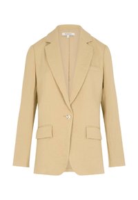 Blazer beige in lino con chiusura a un bottone, rever ad angolo, due tasche anteriori e una texture sottile.