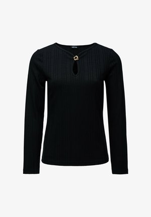 Top negro de manga larga con textura acanalada vertical y escote en forma de lágrima, que presenta un acento dorado en el cuello.