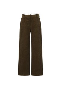 Bruine corduroy hoge taille rechte broek met riemlussen en voornaaddetails op een witte achtergrond.