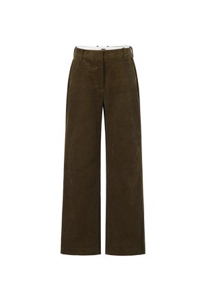 Bruine corduroy hoge taille rechte broek met riemlussen en voornaaddetails op een witte achtergrond.