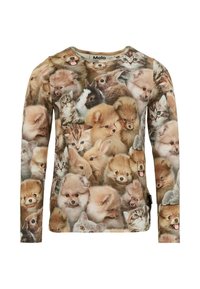 Camicia a maniche lunghe con stampa animale mista, caratterizzata da diverse texture e tonalità di pelliccia, prevalentemente marroni, crema e grigie.