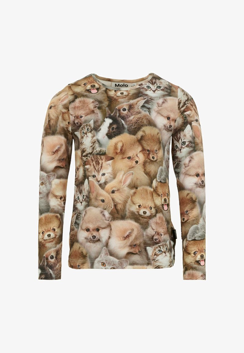 Langarmshirt met een gemengd dierenprint en verschillende texturen en tinten van vacht, voornamelijk bruin, crème en grijs.