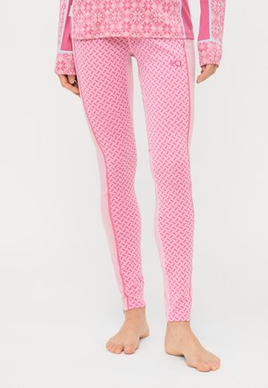 Rosa leggings med et gjentakende mønster, med en glatt tekstur og kontrasterende sidelapper, ideelle for trening.