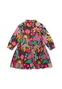 Langzaamslipjurk van donkerbruin katoen met levendige bloemen- en loofpatronen in roze, groen, geel en blauw. Met knoopsluiting aan de voorkant.