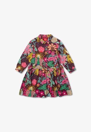 Langzaamslipjurk van donkerbruin katoen met levendige bloemen- en loofpatronen in roze, groen, geel en blauw. Met knoopsluiting aan de voorkant.