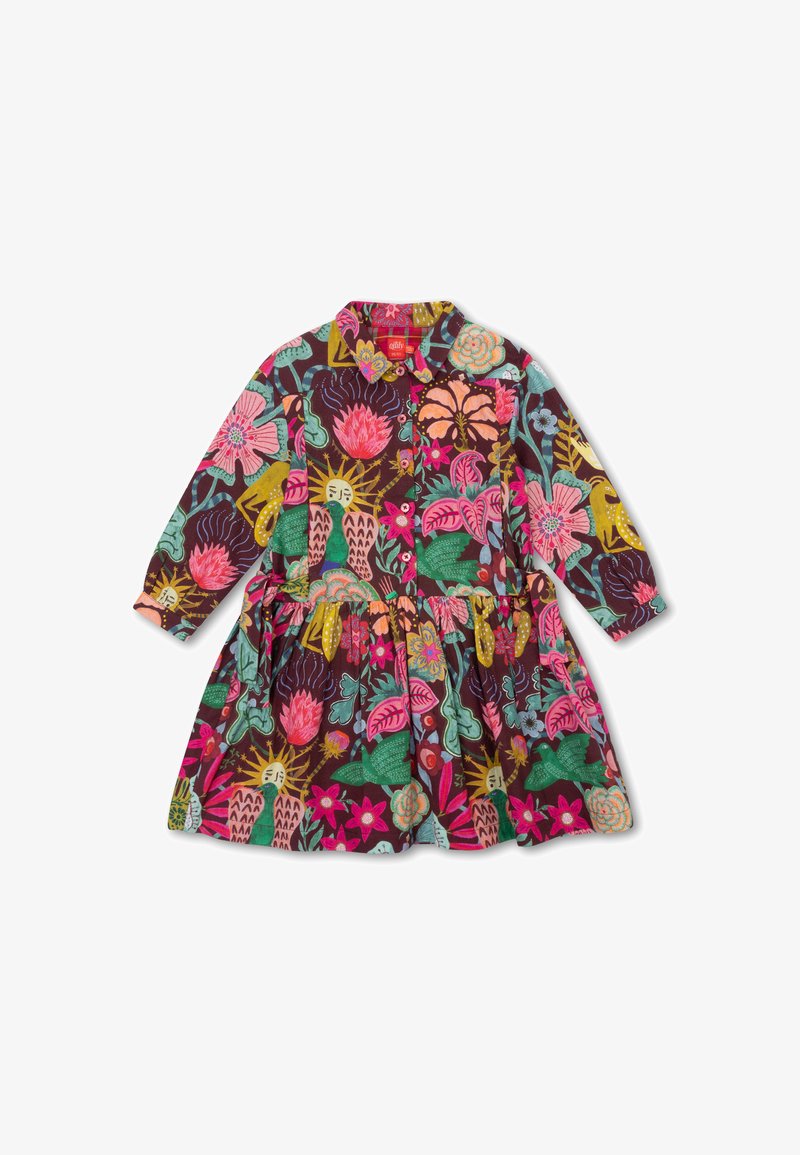 Langzaamslipjurk van donkerbruin katoen met levendige bloemen- en loofpatronen in roze, groen, geel en blauw. Met knoopsluiting aan de voorkant.