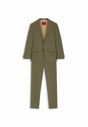 Olive green suit consisting of a fitted blazer with two front pockets and matching trousers, featuring a beige inner lining and button accents.
