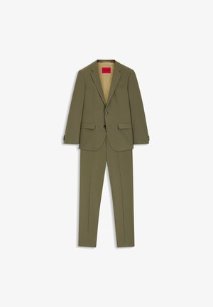 Olive green suit consisting of a fitted blazer with two front pockets and matching trousers, featuring a beige inner lining and button accents.