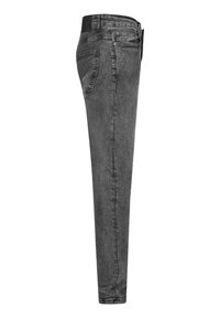 Tanke jeansice od sive denimske tkanine uskog kroja sa blago izblijedjelim pranjem, pet džepova i crnim pojasom. Glatka tekstura i suženi nogavice.