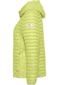 Light green padded jacket with a hood, featuring a zip closure, ribbed cuffs, side pockets, and a small logo label on the chest.